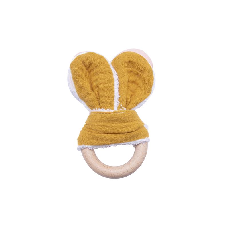 100% Cotton Baby Bunny Ear Teether Rabbit Beech Wooden Rattle Teether Safe Organic Wooden Ring Nursing Training Teethers Toy