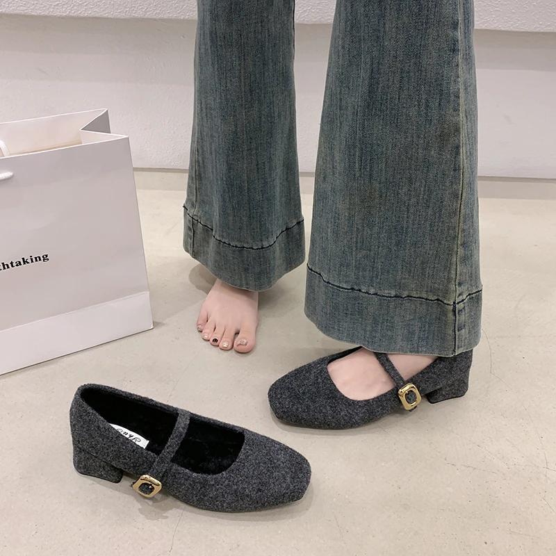 Designer Square Toe Woman Mary Jane Shoes Elegant Thick Heel Dress Shoes Outdoor Comfortable Fleece Lined Ladies Pumps Shoes