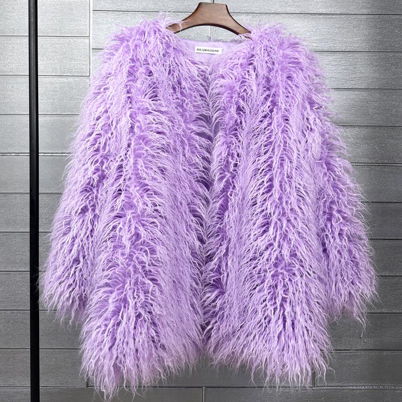 Korean Style Women's Tan Faux Lamb Wool Mid-Length Coat