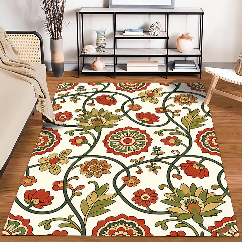 Floral Pattern Carpet with Red Green Yellow Boho Style for Living Room Suitable for Use As an Anti-slip for Living Room Bedroom Sofas