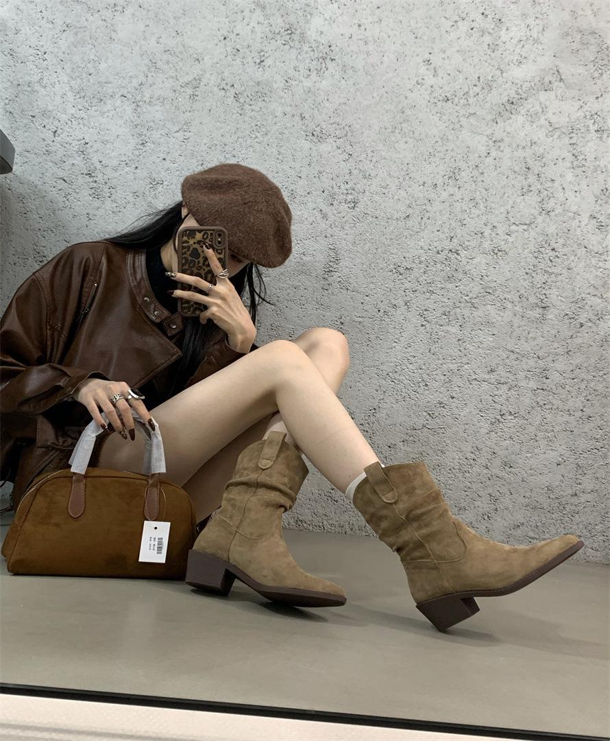 

Ретро ковбойские сапоги женские 2025 осень и зима новые на наборном каблуке женские сапоги низкий каблук матовый толстый каблук средняя голень короткие сапоги 39 хаки