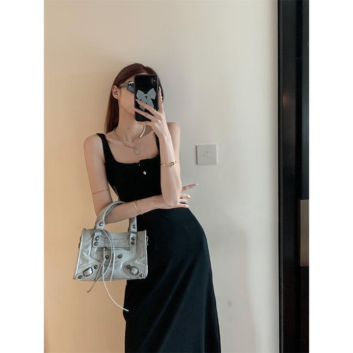 Grey Suspender Skirt Spice Girl Long Dress Slim Dress Women's Summer Temperament Waist Slim Hip Skirt Vest Skirt