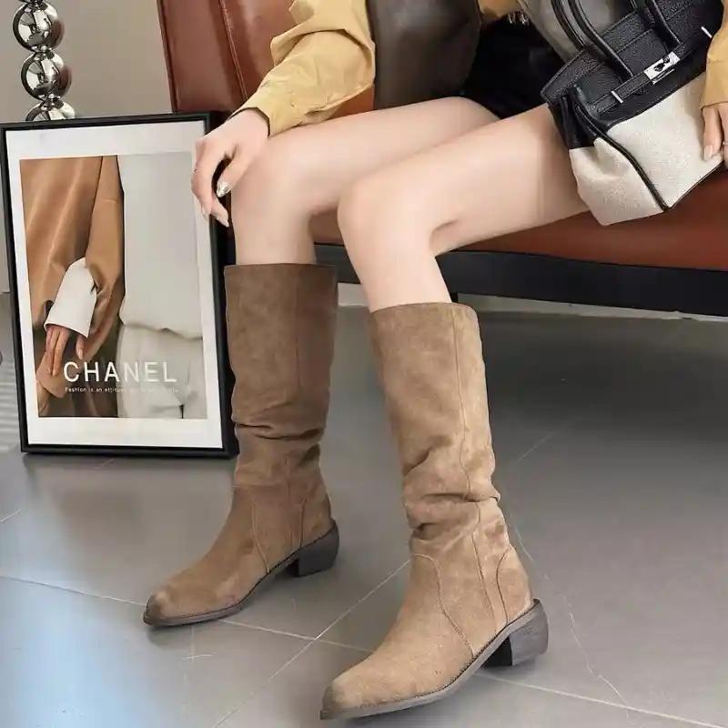 New Women's Vintage Chunky Heel Western Cowboy Boots for Women Winter Suede Ankle Boots Woman Pointy Chunky Heels Short Boots