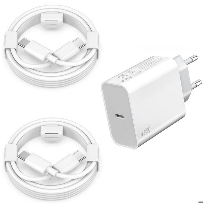 Chargeur Rapide 45W - Samsung - A16 A17 A36 A56 - 2 Câbles USB-C 1M - Blanc