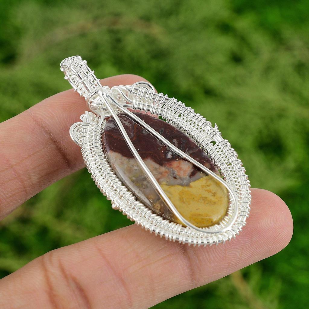 Sterling Silver Oval Natural Mookaite Trendy Wire Wrapped Unique Mother Pendant