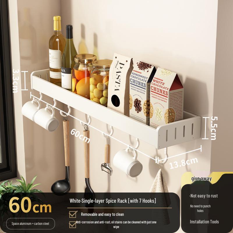 White Wall-Mounted Kitchen Rack: No-Drill Seasoning, Knife, and Chopsticks Organizer