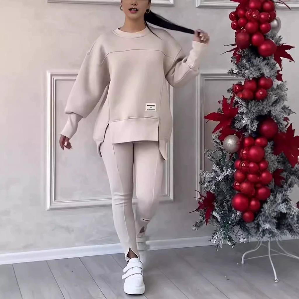 Damesett med uregelmessig trykket hettegenser med lange ermer og leggings