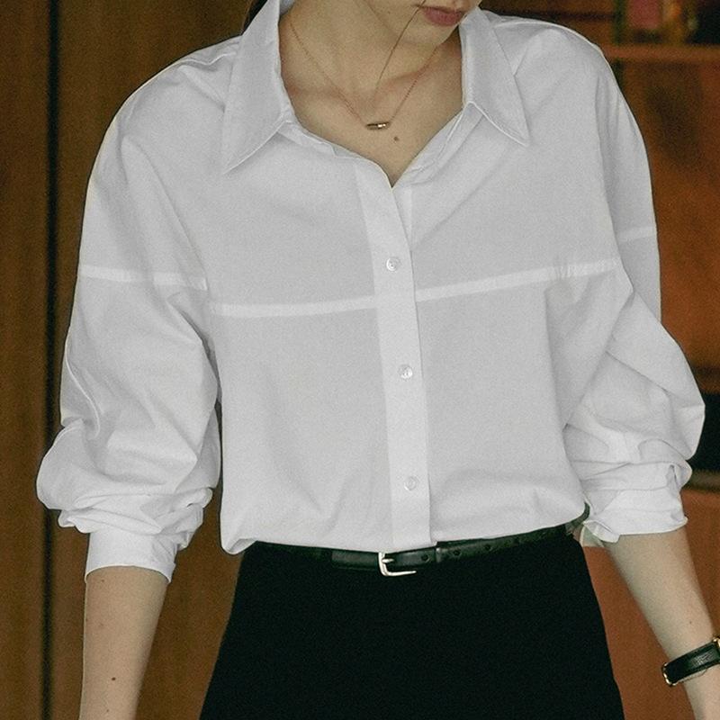 [Clearance and leak picking] Pure cotton long-sleeved shirt commuter cotton women's clothing design sense line cutting lapel shirt women