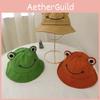 Adorable Smiling Frog Face Embroidered Fisherman Hat For Girls Round Top Wide Brim Sunshade Travel Streetwear Cap
