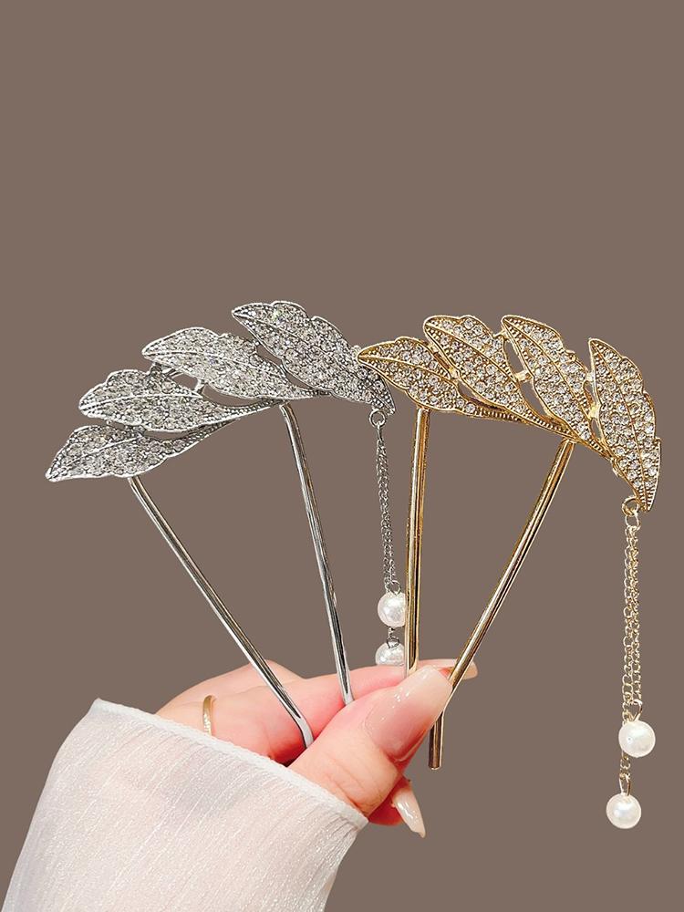 1pc Full Of Diamonds Leaves Pearls Tassels Hairpins Elegant Hair Accessories Light Luxury Banquet Accessories Eye-catching