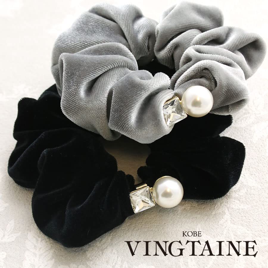 VINGTAINE Velvet with Stone and Pearl Simple and Elegant Hair Perfect for Adult Casual Scrunchie, Design, Accessory, Wear, Gift, HS-177-GY