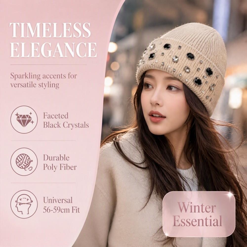 Solid Color Warm Beanie Versatile Windproof Cap Gift Rhinestone Knitted Hat  Travel