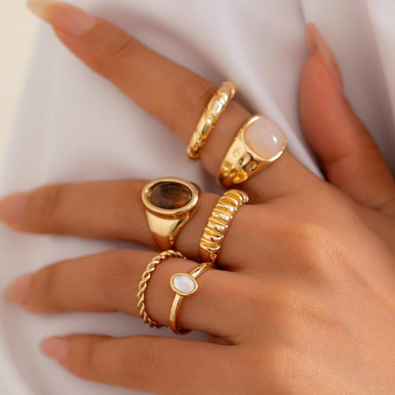 6pcs/Set French Minimalist Design Metal Vintage Ring set for Women Boho Irregular Zircon ring Party Jewelry Accessories