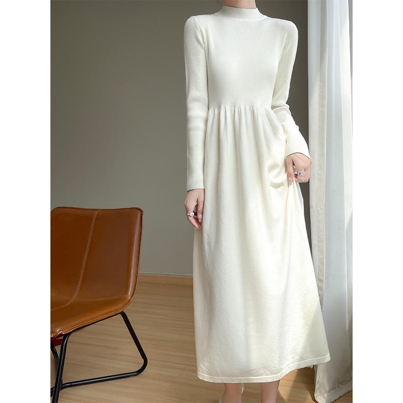 Women's Solid Color Velvet Knit Pullover Mid-Length Dress - Long Sleeve, Half High Neck, Over-the-Knee Style