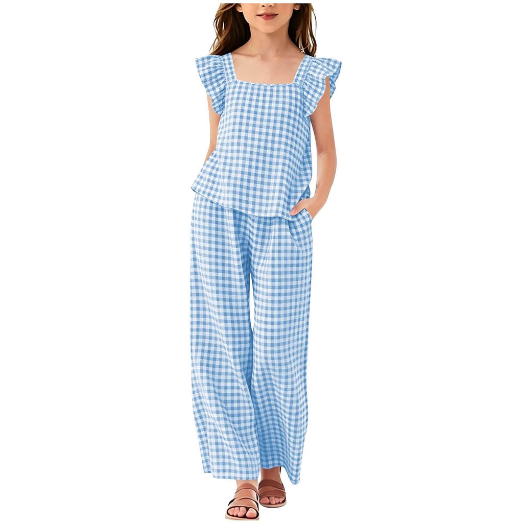 Karomuster Quadratischer Ausschnitt Ärmel Oberteil und Elastische Taille Gerade Hosen mit Taschen Lässiges 2-teiliges Outfit Set für Große Kinder