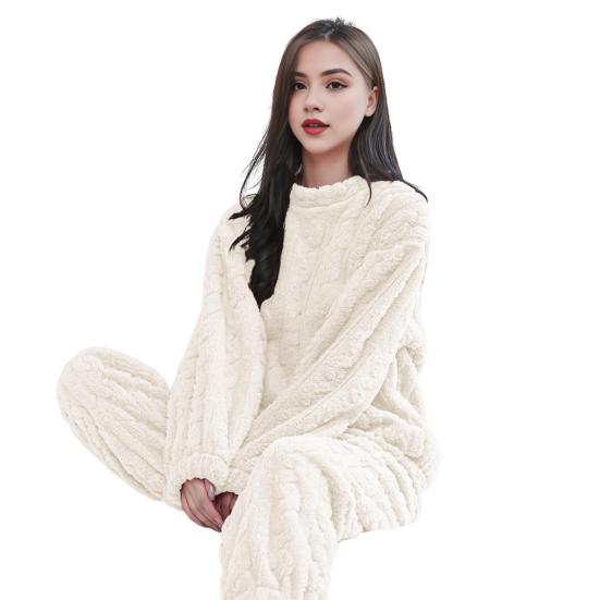 

Комплект из 2 предметов, зимняя пижама, утолщенный коралловый флис, скрученная текстура, круглый вырез, длинные рукава, эластичная талия, брюки, домашняя одежда, одежда для отдыха белый