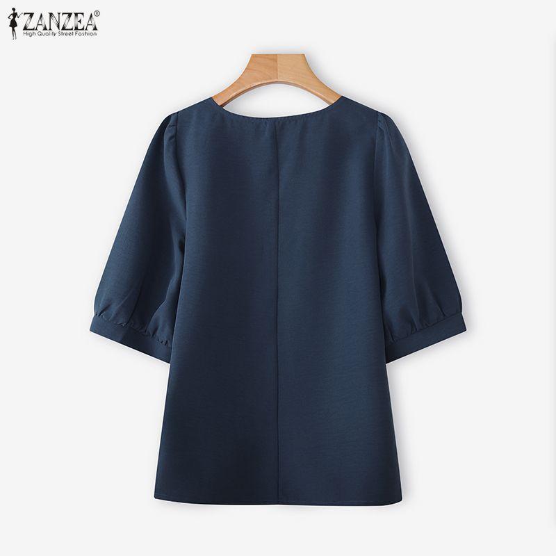 ZANZEA Women Casual Crew Neck Solid Color Loose Half Sleeve Blouse