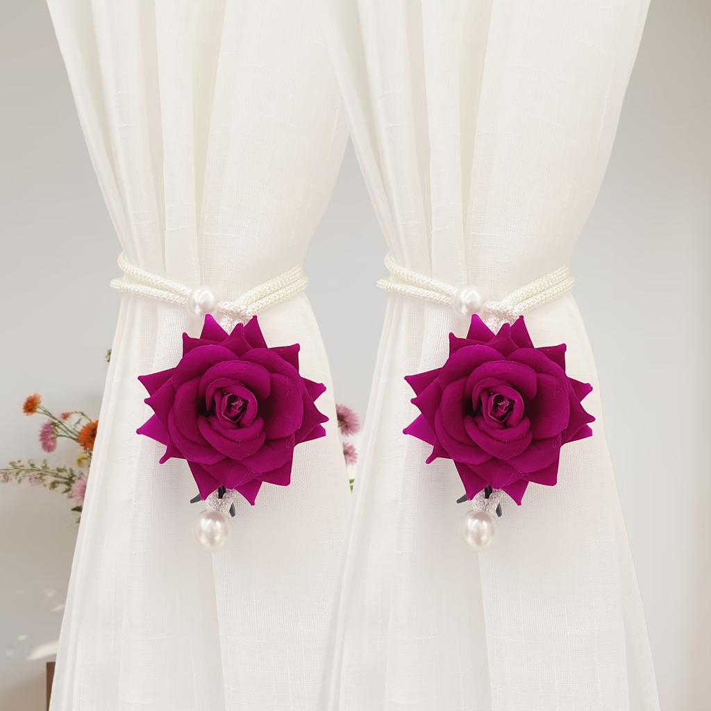 2Pcs Romantic Rose Curtain Strap Gauze Curtain Strap Simulation Rose Valentine's Day Decorative Curtain Strap