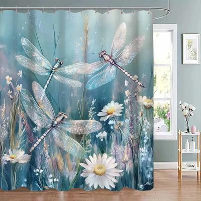 1 Stück Eleganter Libellen- & Gänseblümchen-Duschvorhang - Wald-Thema, Wasserdichtes Polyester, 12 Haken, Maschinenwaschbar, Ganzjahresgebrauch