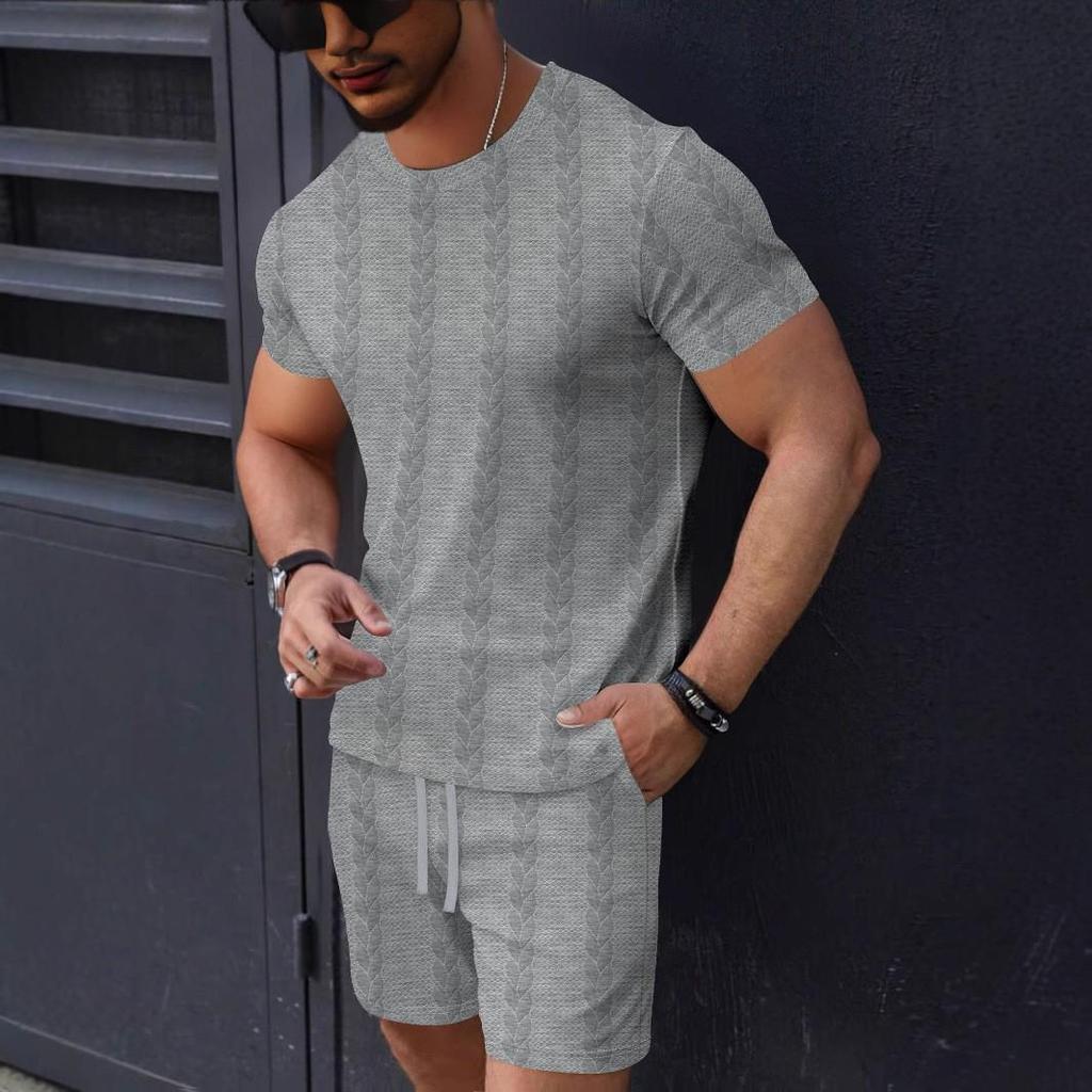 Men's European Solid Color Jacquard Summer Casual Round Neck Short Sleeve T-shirt & Shorts Set