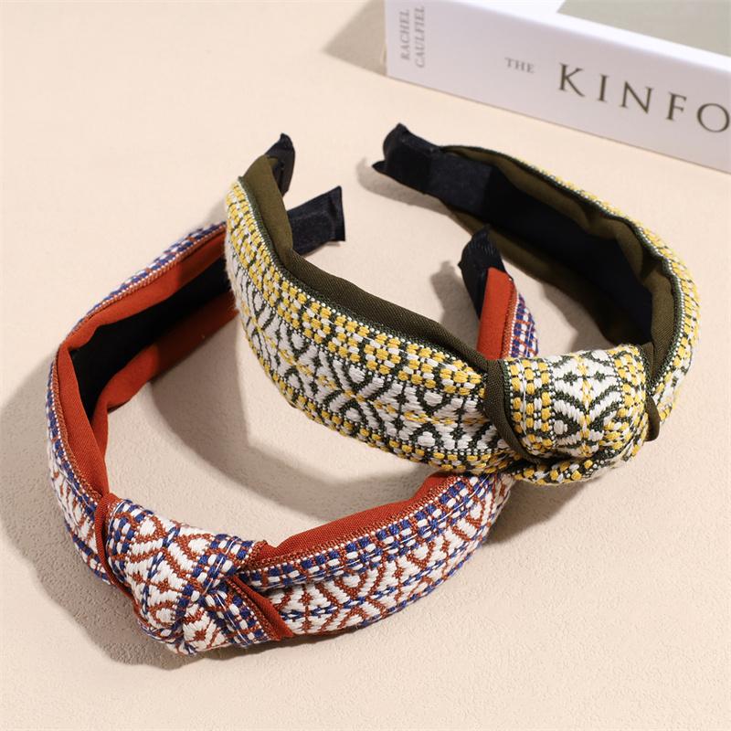 Fashion Women's And Girls Ethnic Bohemian Plaid Headbands with Center Knot for Ladies Daily Hair Hoops Accessory