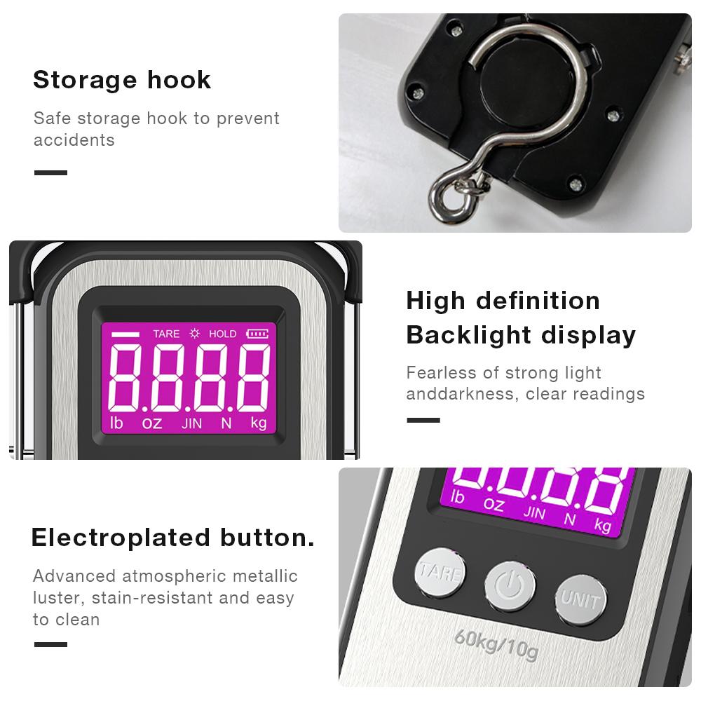 Handheld Mini Electronic Rechargeable Weighting Scale Fishing Travel Luggage Scale 60Kg/10g LCD Digital Display Hanging Scale