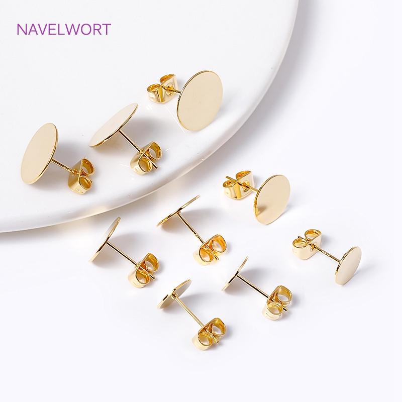 18K Gold Plated Brass Metal Blank Post Earring Studs Base Pins Ear Post with 8/10/12MM Pad DIY Earring Jewelry Making Supplies