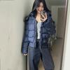 Winter versatile navy blue hooded fur collar short cotton-padded jacket women's new warm thickened down cotton-padded jacket