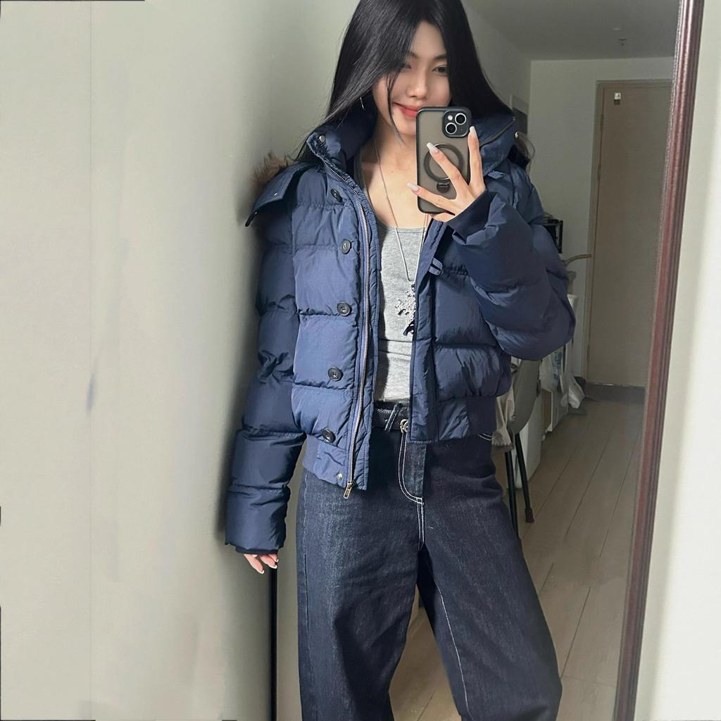 Winter versatile navy blue hooded fur collar short cotton-padded jacket women's new warm thickened down cotton-padded jacket