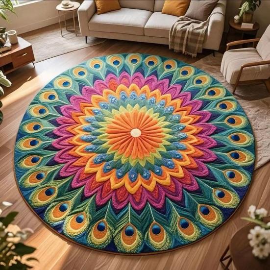 Pfauenfedern Bereichsteppich Rund Pfauenfeder Blume Rutschfeste Bodenmatte Dekorative Wohnzimmerteppich für Schlafzimmer Esszimmer