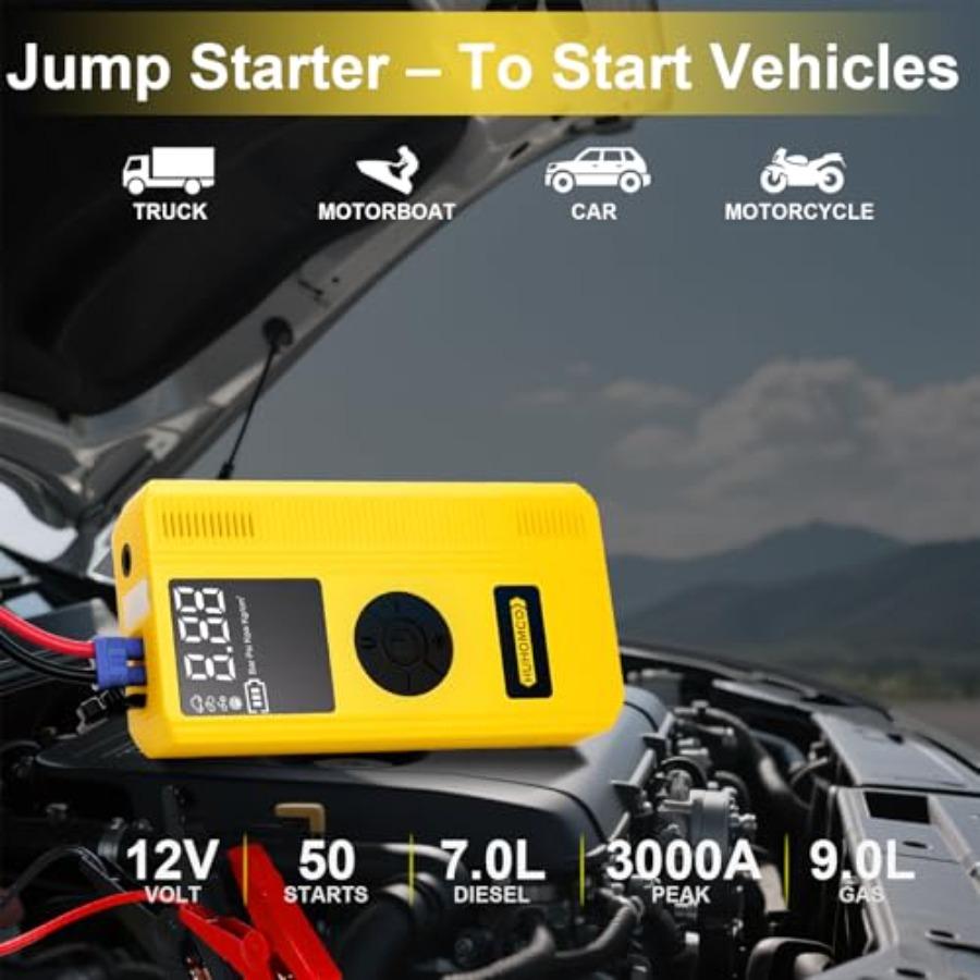 7-in-1 Portable Car Jump Starter with Air Compressor and Digital Tire Inflator 3000A 12V Power Pack for 9L Gasoline and 7L Dies