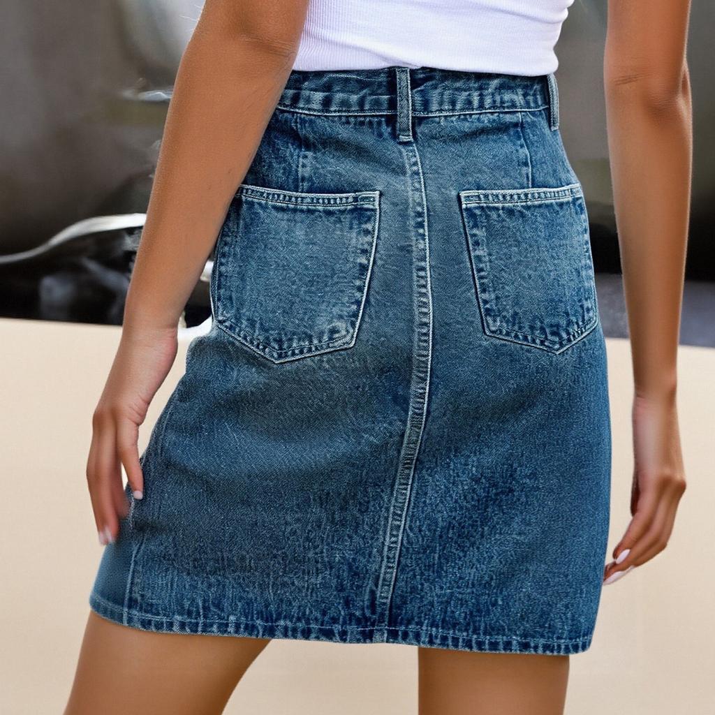 Dámská džínová cargo sukně s nízkým pasem, na knoflíky, přiléhavá, s kapsami s klopou