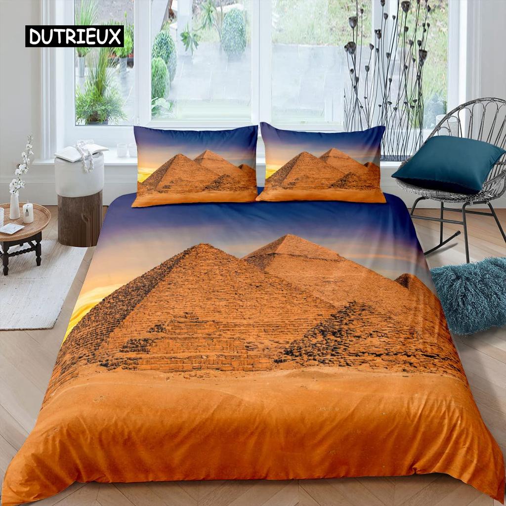 Set Copripiumino Piramide King Africano Antico Egizio Piramide Vintage Set Biancheria da Letto Poliestere Cammello Scena del Deserto Egitto Copripiumino