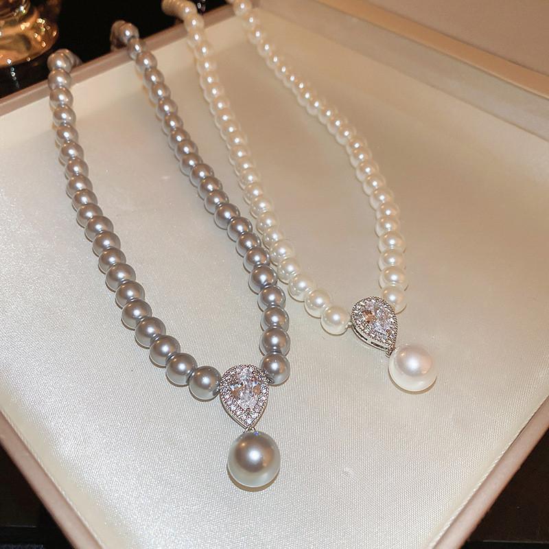 Colar Gota de Pérola Francês Vintage com Adornos de Zircônia para Mulheres Elegantes