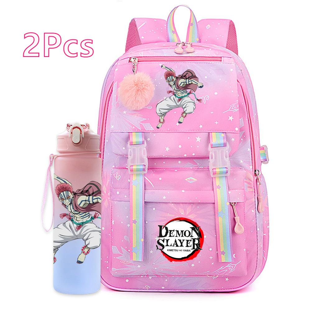 2Pcs/set Anime Cartoon Demon Slayer Printed Backpack with 750Ml Water Bottler for Teenager Bookbag Large Capacity Waterproof Travel Bag Gift
