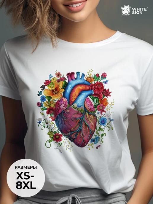 Bright oversized summer T-shirt:  Heart and Flowers 3XL
