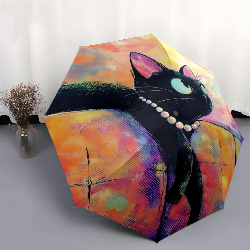 1PC Black Cat Art Automatic Open/Close, 8-Rib Durable Frame Compact Travel Umbrella for Men & Women S1222009