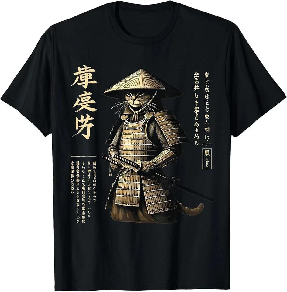 Samurai Cat Graphic Tee Japanese Warrior Anime Art Gift Shirt S