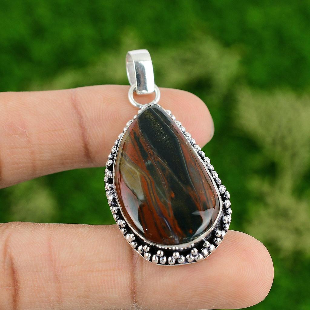 Daughters Day Sale Red Snakeskin Jasper Stone Art Deco Mother Pendant 925 Silver