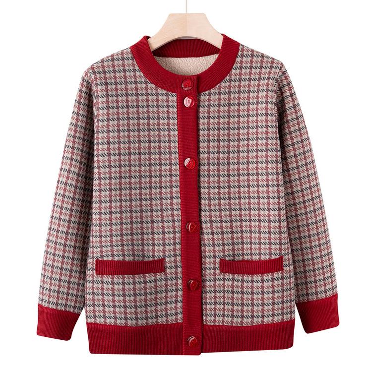 Middle-aged and Elderly Autumn Sweater Coat Female 60-year-old 70 Mother Plus Velvet Padded Cardigan Grandma Autumn and Winter Sweater