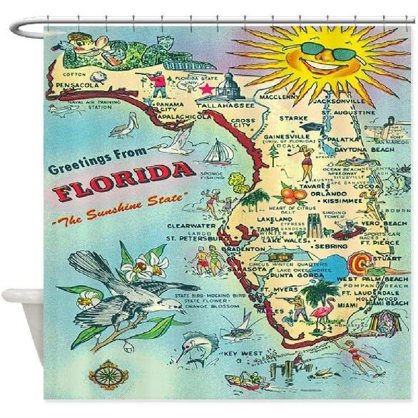 Waterproof Fabric Shower Curtains Vintage Florida Greetings Map Decorative Fabric Shower Curtain 70x70in