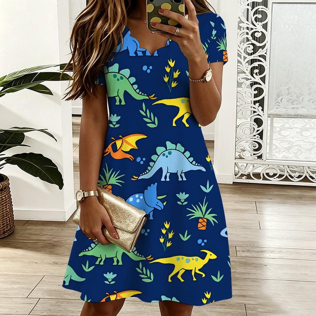 Women Oversized V Neck Short Sleeve Dress Retro Leaf Printed Flowy Dress For Countryside Trip And Everyday Wear