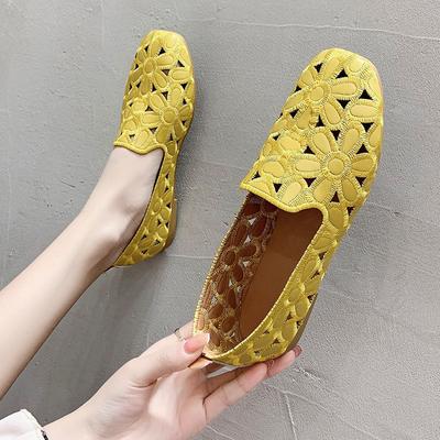 Cheap Square Toe Loafers Women Faux Leather Ballet Flats Big Size 42 Ladies Hollowed Summer Trip Shoes Woman Embroidery Moccasin