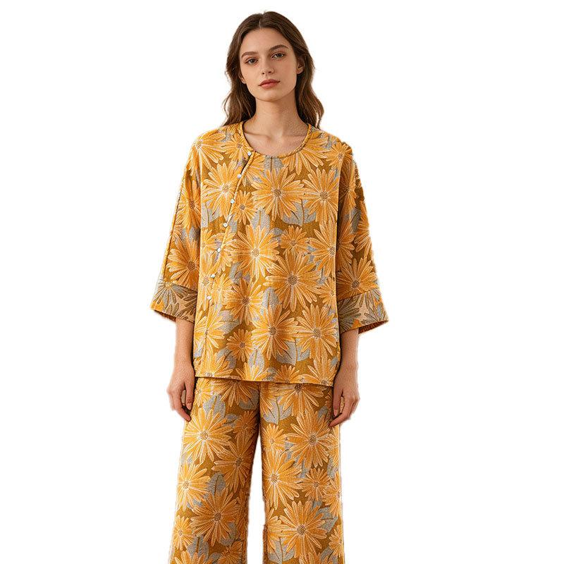 Seasonal new pajamas can be worn outside pure cotton women's autumn thin loose suits can be worn outside national style loungewear