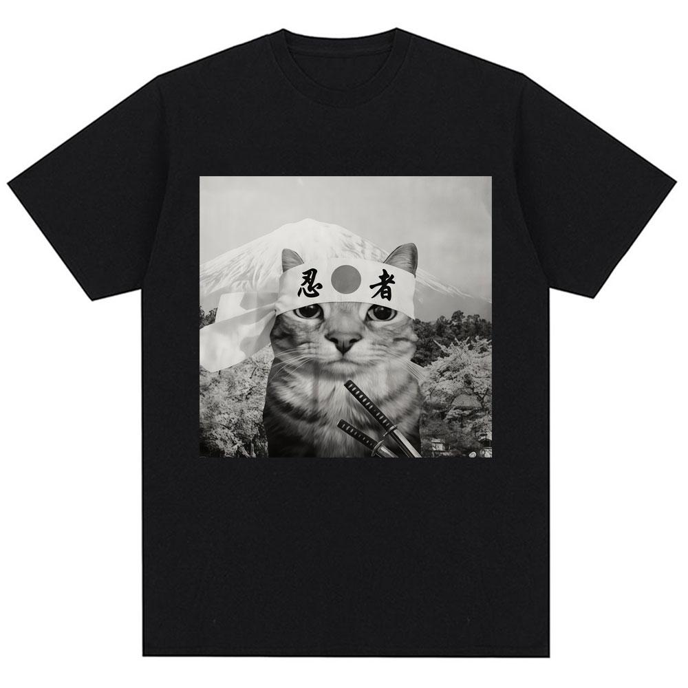 Funny Japanese Samurai Cat Meme Graphic T Shirt Unisex Women Fashion Vintage Humor Short Sleeve Oversized Cotton Casual Tee Shirts