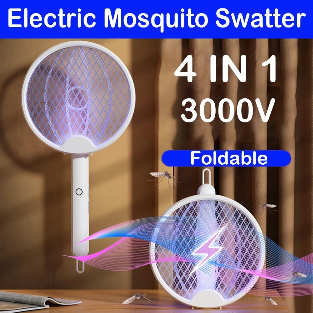 Electric Mosquito Swatter 3000V Foldable USB Rechargeable Handheld Bug Zapper with UV Light Trap for Indoor Outdoor Pest Control