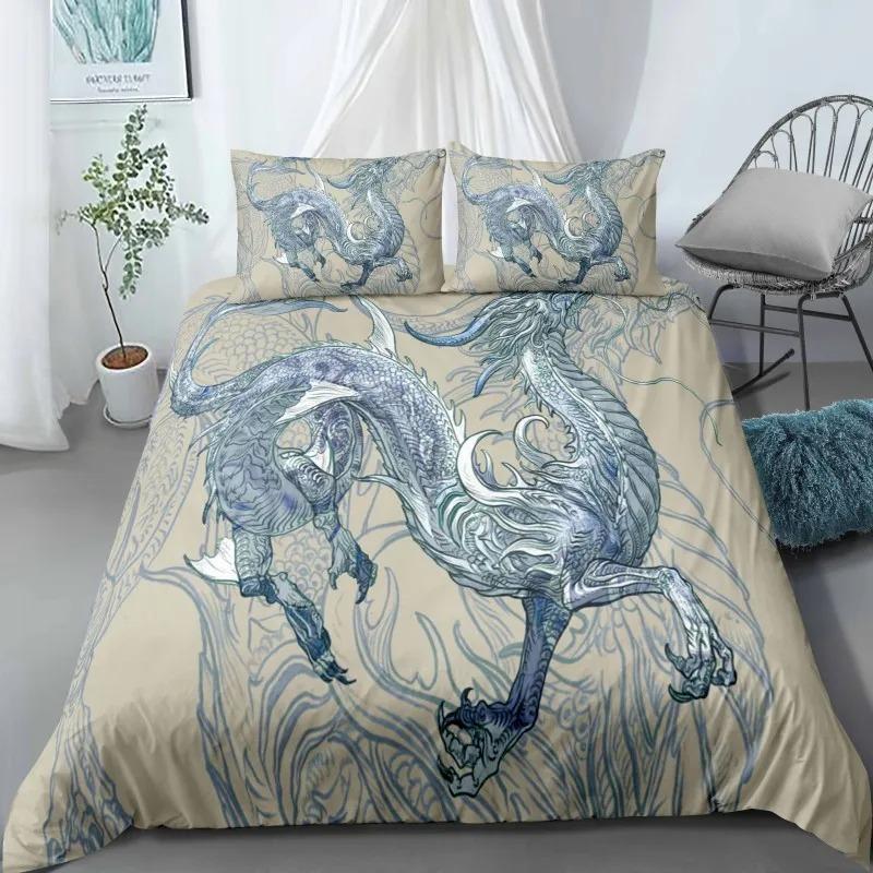 Comforter Dragon King Queen Japanese Exotic Bedding Set Ancient Mythical Animal Comforter 2/3Pcs Polyester