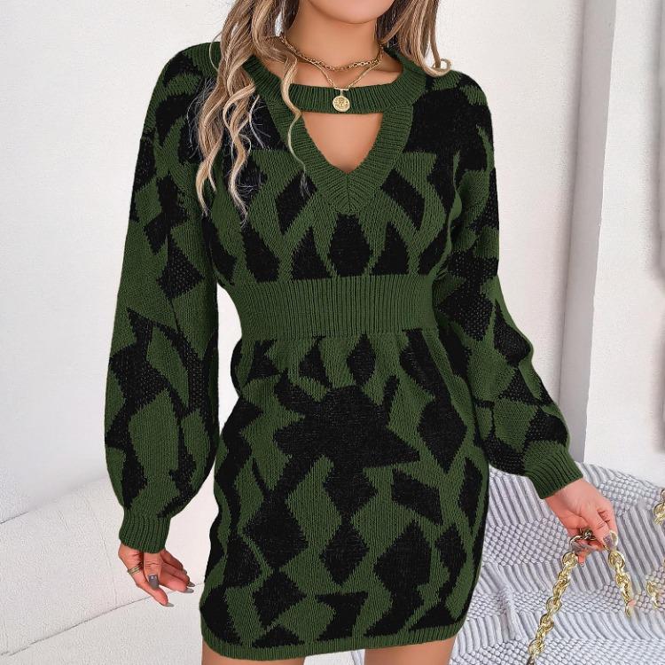 

Wrap Hip Woolen Dress Sexy Autumn Winter Color Leopard V Neck Batswing Sleeve Cross M зелений