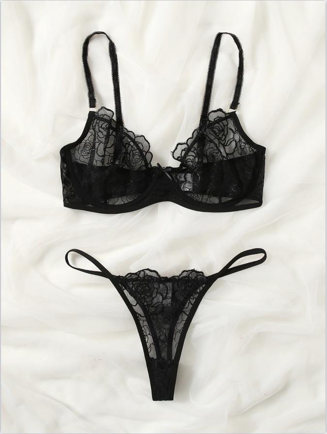 Temptation Floral Lace Three-Point Lingerie Set with Hollow Design