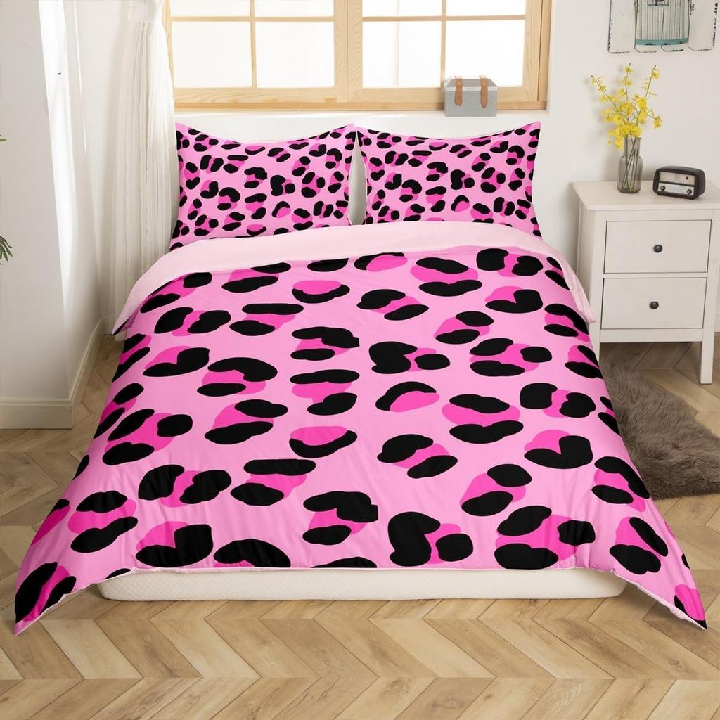 Pink Black Leopard Print Bedding Set Single Size Cheetah Animal Theme Duvet Cover With 1 Pillowcase For Kids Teens